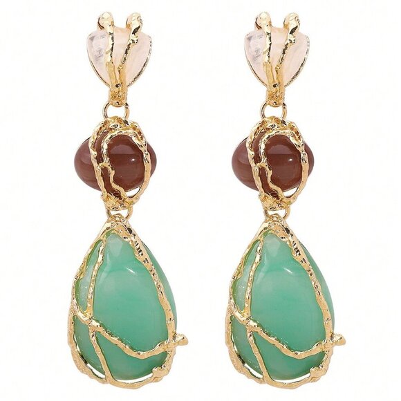 Women's Boho Statement Resin Stone Long Dangle Earrings - Picture 3 of 4